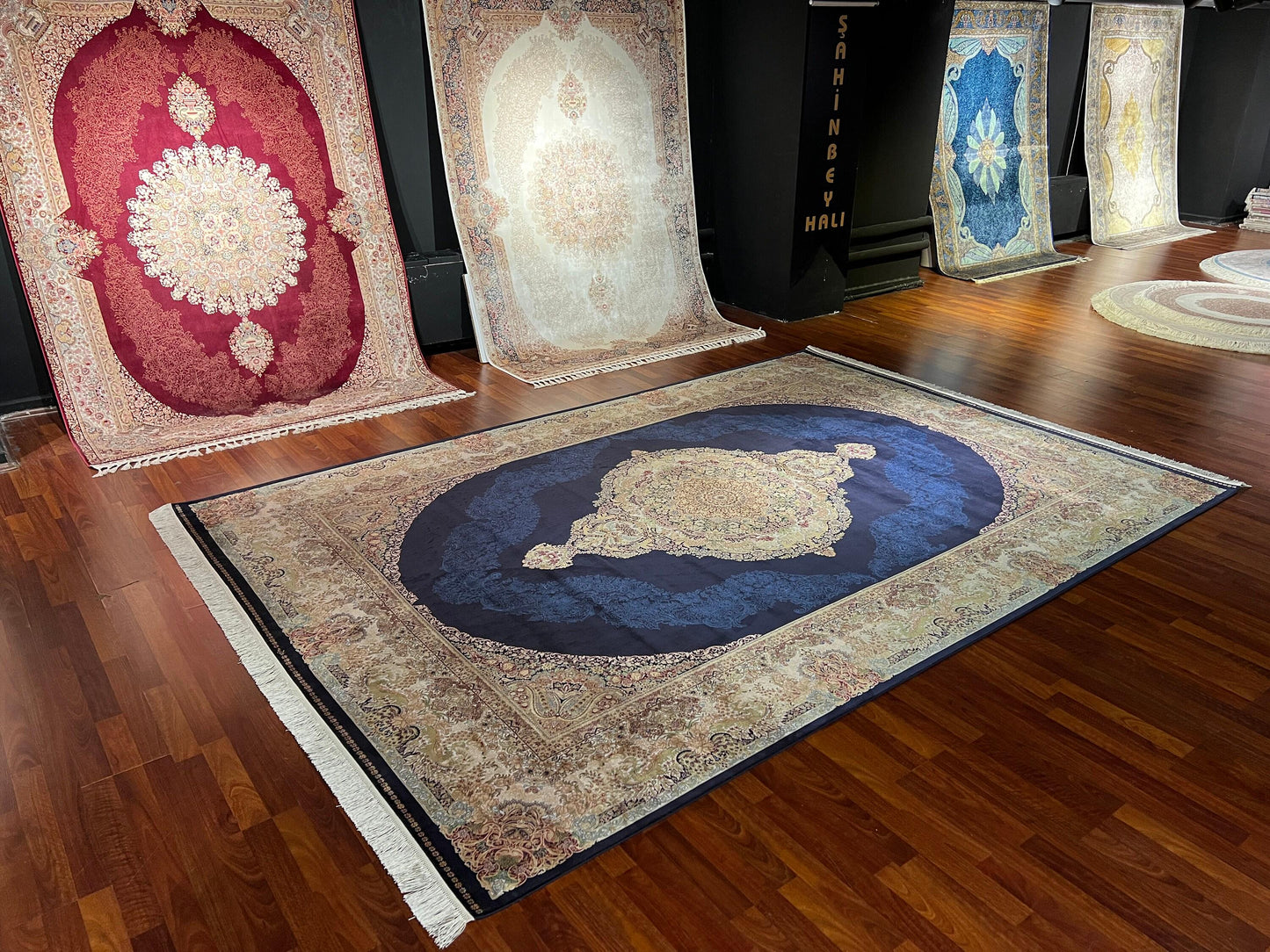 8x11 ft Blue Bamboo Silk Medallion Rug Luxury Oversized Living Room Area Rug Elegant Palace Style Carpet