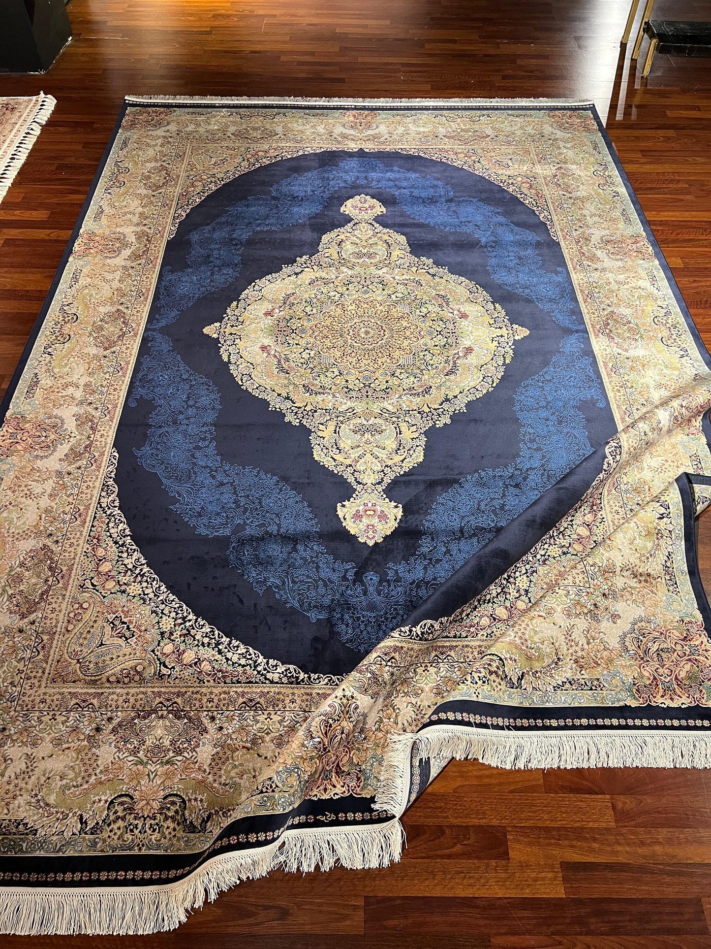 8x11 ft Blue Bamboo Silk Medallion Rug Luxury Oversized Living Room Area Rug Elegant Palace Style Carpet
