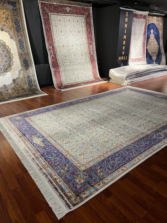 7x10 ft Beige Blue Silk Rug, Luxury Large Area Rug, Elegant Classic Living Room Rug, Decorative Floral Carpet