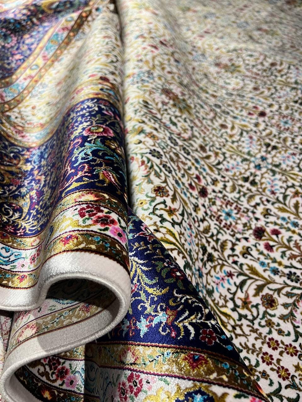 7x10 ft Beige Blue Silk Rug, Luxury Large Area Rug, Elegant Classic Living Room Rug, Decorative Floral Carpet