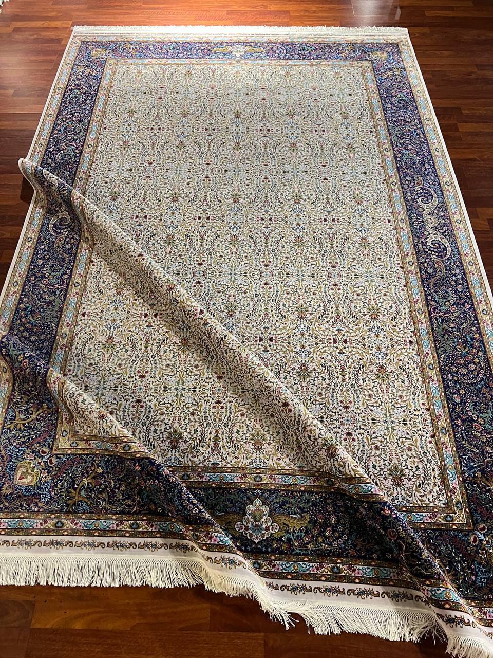 7x10 ft Beige Blue Silk Rug, Luxury Large Area Rug, Elegant Classic Living Room Rug, Decorative Floral Carpet