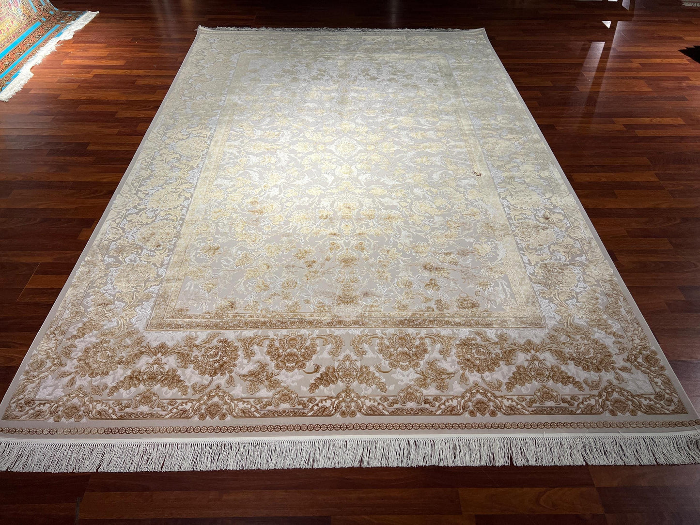 7x10 ft Gold Beige Silk Rug, Luxury Large Area Rug, Elegant Floral Living Room Rug, Classic Decorative Carpet
