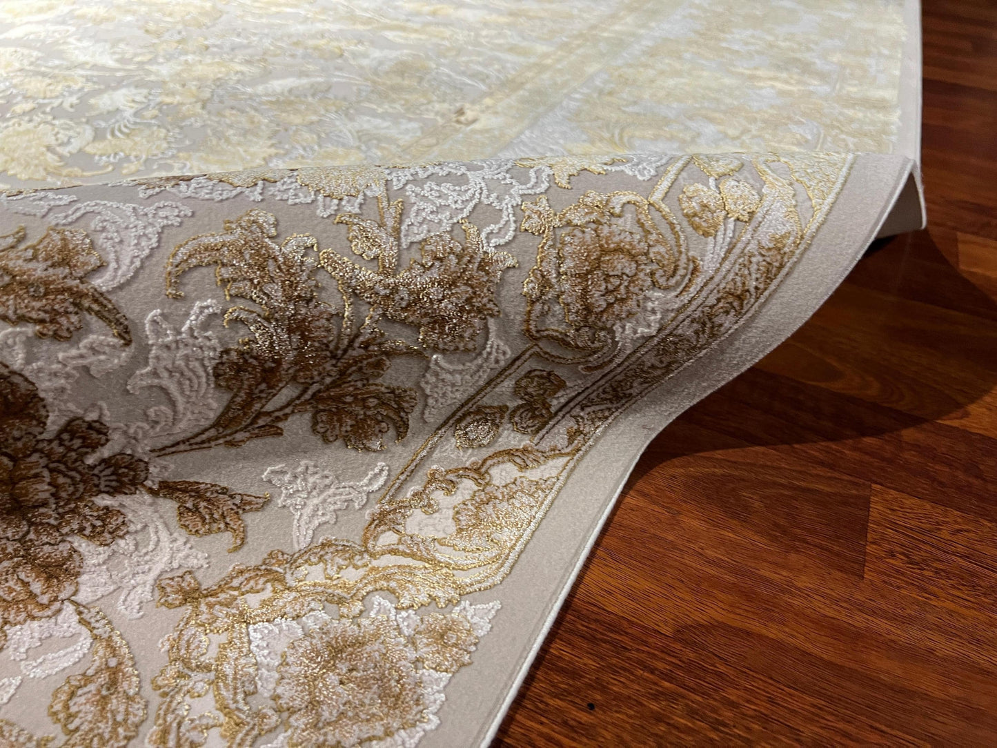 7x10 ft Gold Beige Silk Rug, Luxury Large Area Rug, Elegant Floral Living Room Rug, Classic Decorative Carpet