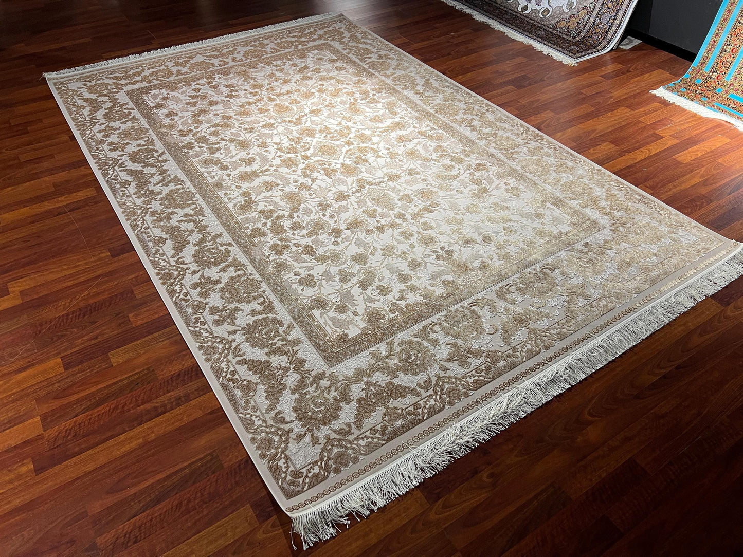 7x10 ft Gold Beige Silk Rug, Luxury Large Area Rug, Elegant Floral Living Room Rug, Classic Decorative Carpet