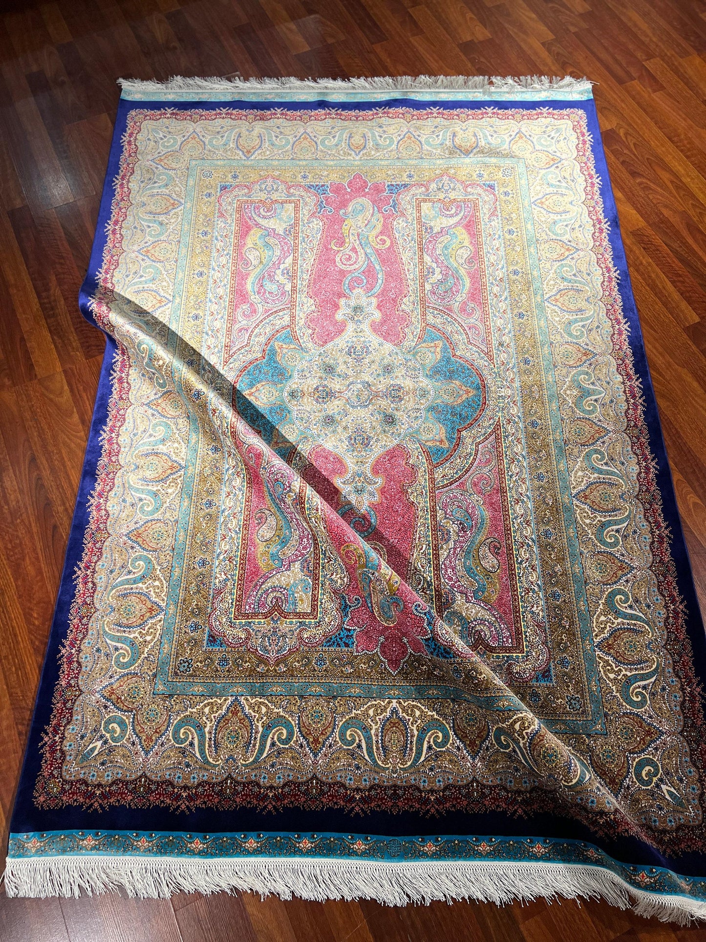 7x10 ft Pink Blue Silk Rug, Luxury Large Area Rug, Elegant Floral Living Room Rug, Classic Decorative Carpet