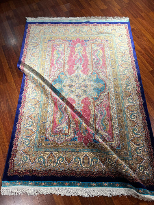 7x10 ft Pink Blue Silk Rug, Luxury Large Area Rug, Elegant Floral Living Room Rug, Classic Decorative Carpet