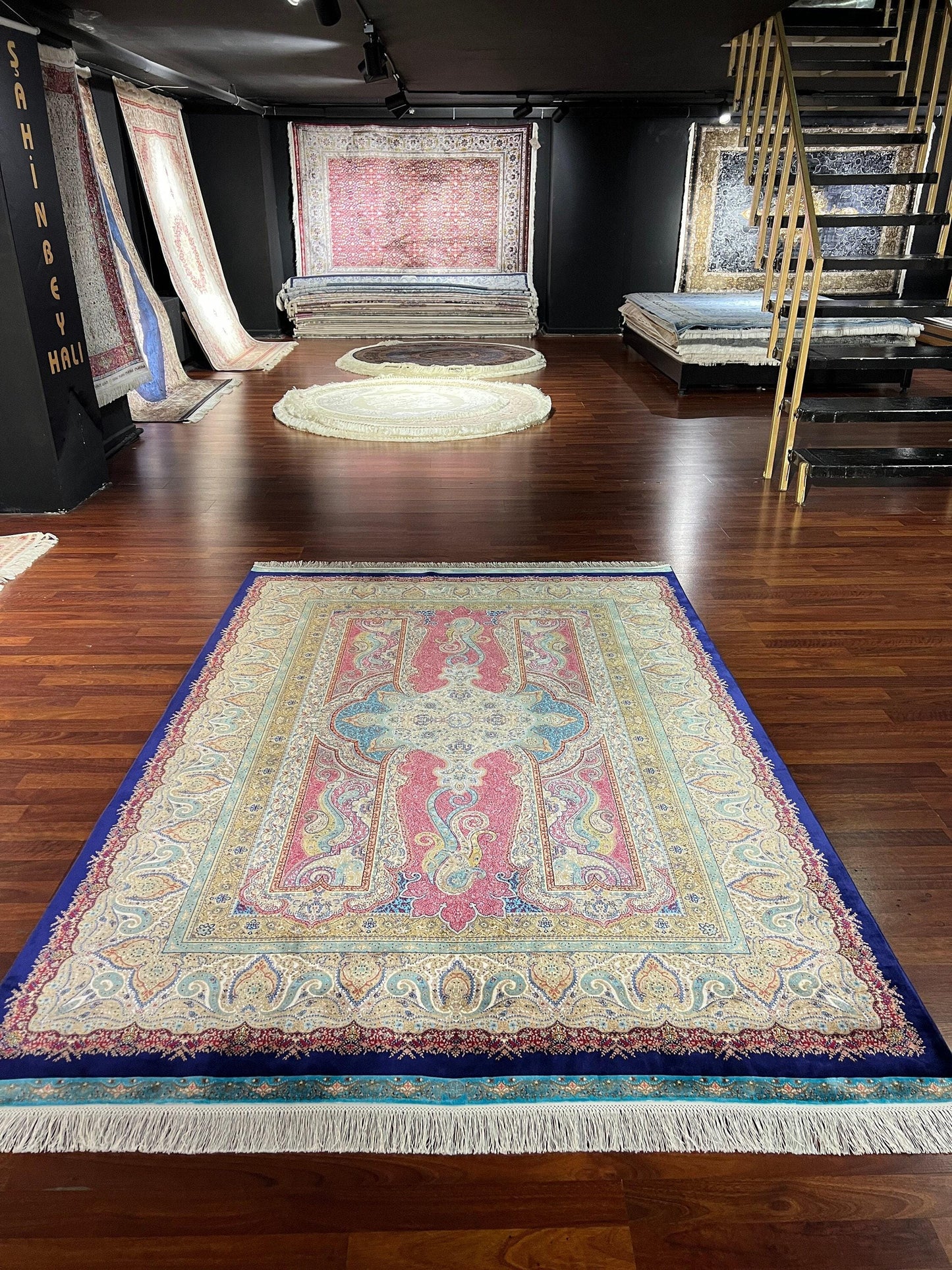 7x10 ft Pink Blue Silk Rug, Luxury Large Area Rug, Elegant Floral Living Room Rug, Classic Decorative Carpet