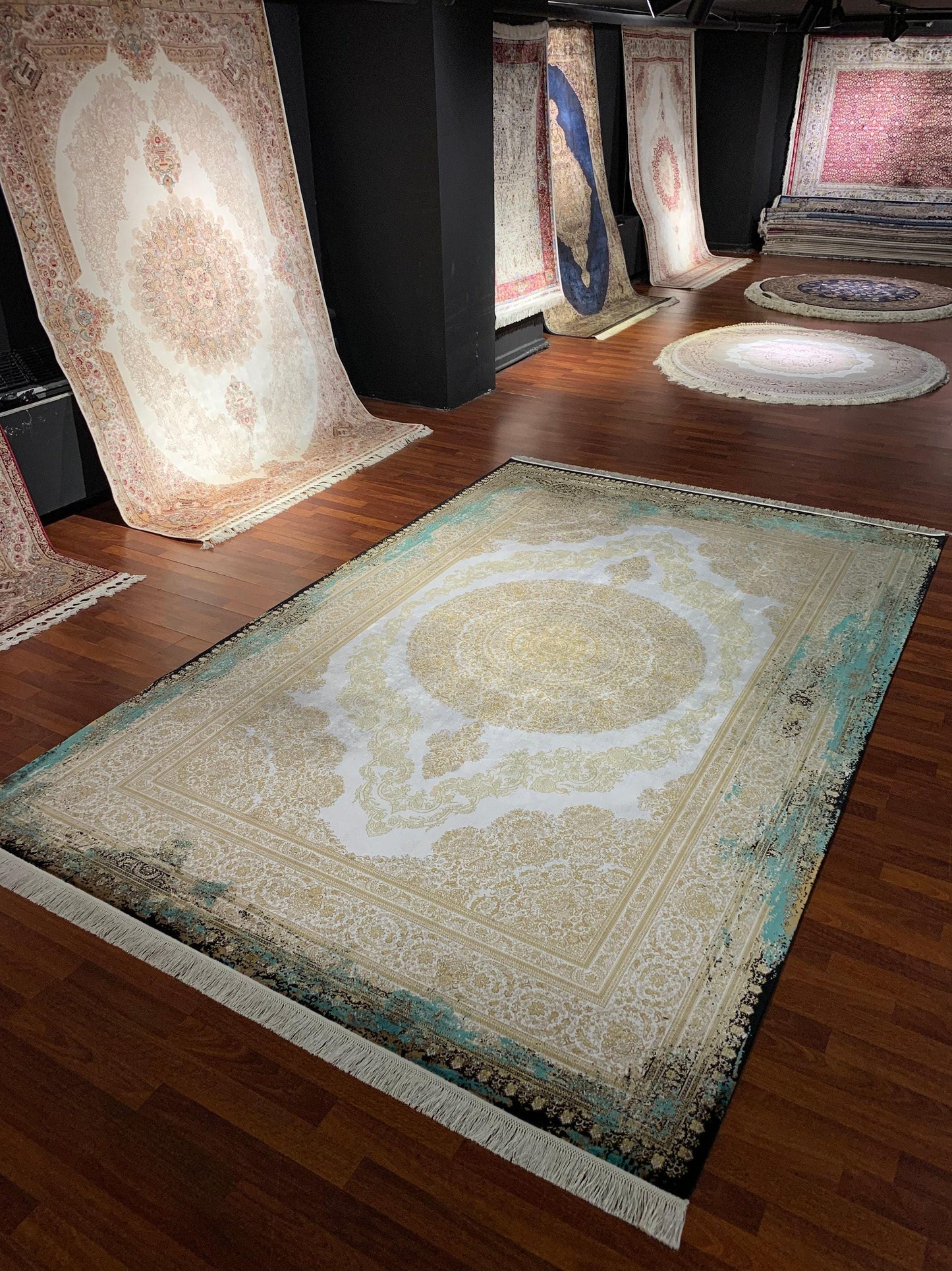 7x10 ft Gold Green Silk Rug, Luxury Large Area Rug, Elegant Medallion Living Room Rug, Classic Decorative Carpet