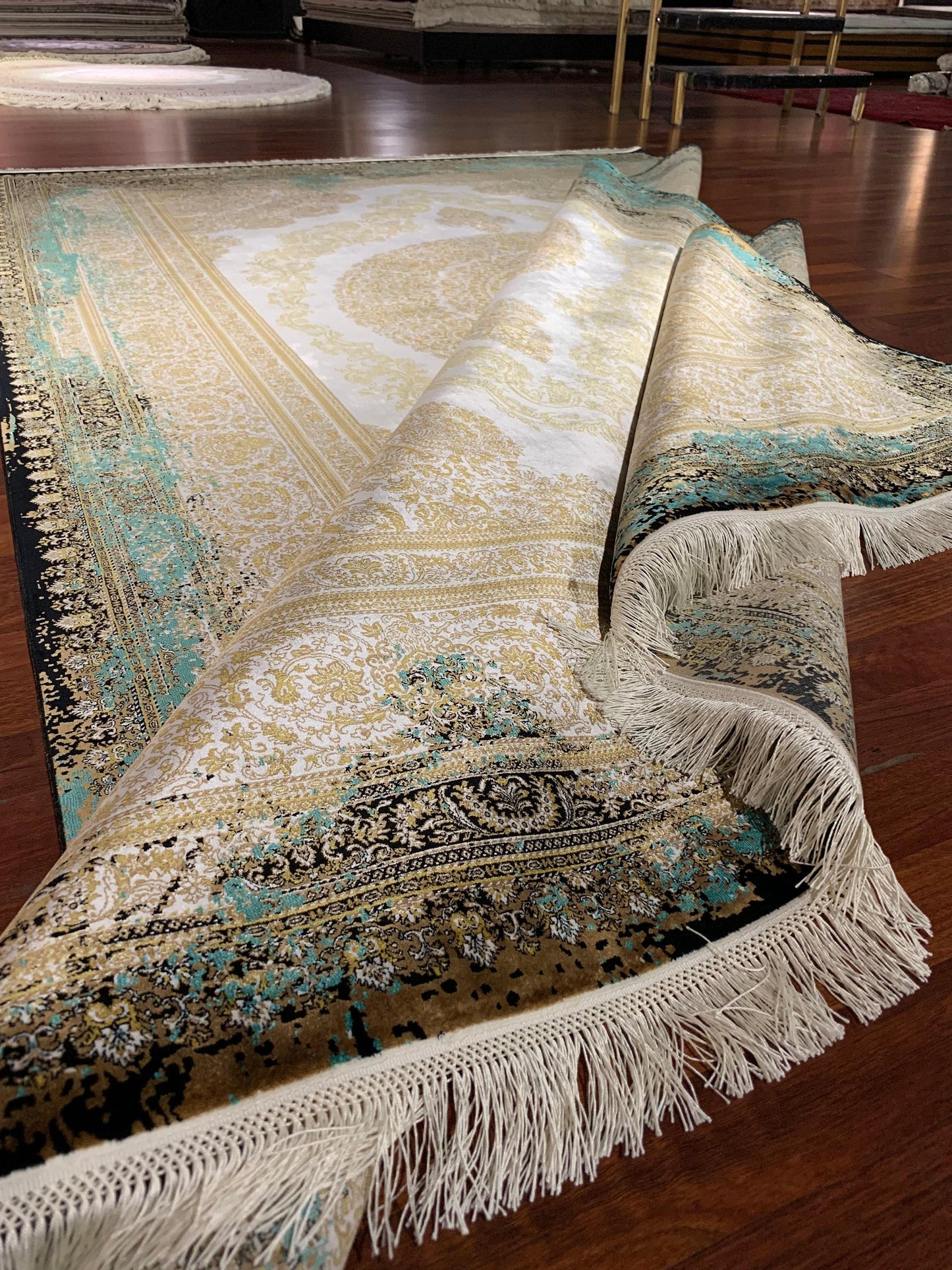 7x10 ft Gold Green Silk Rug, Luxury Large Area Rug, Elegant Medallion Living Room Rug, Classic Decorative Carpet