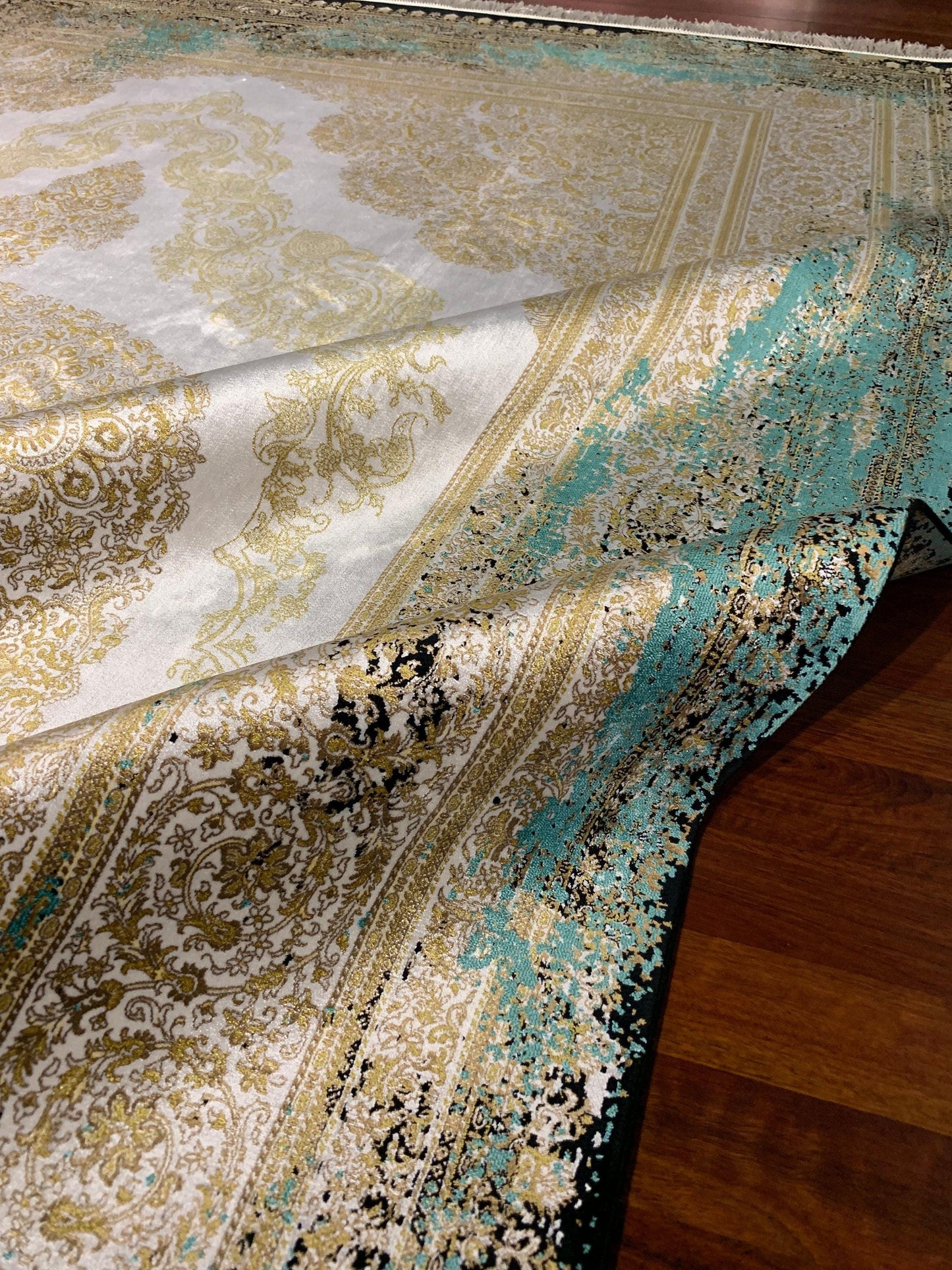 7x10 ft Gold Green Silk Rug, Luxury Large Area Rug, Elegant Medallion Living Room Rug, Classic Decorative Carpet