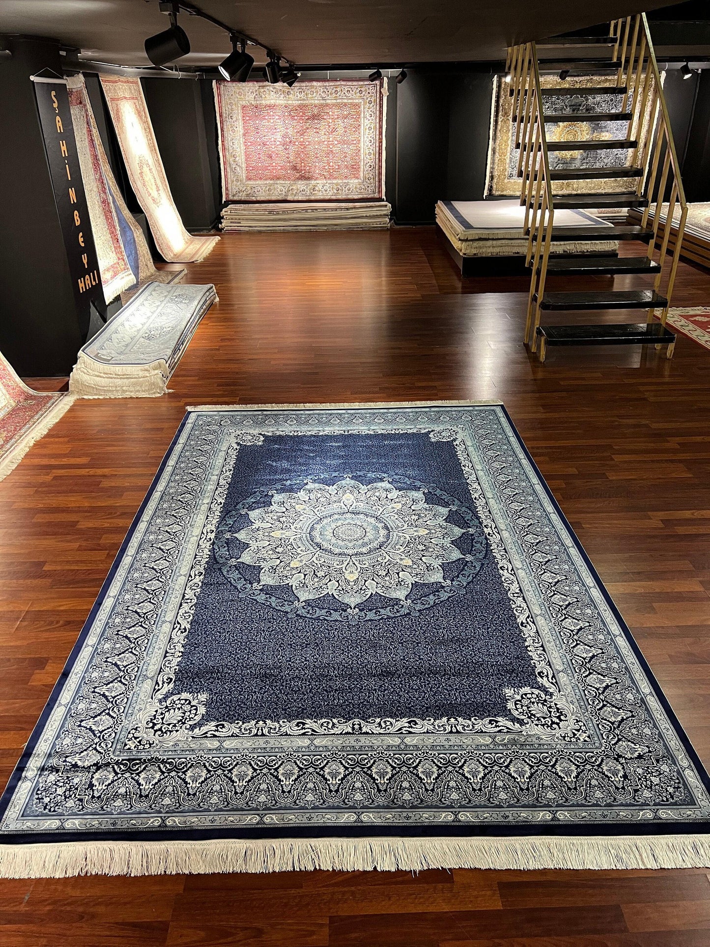 7x10 ft Navy Blue Silk Rug, Luxury Large Area Rug, Elegant Medallion Living Room Rug, Classic Decorative Carpet