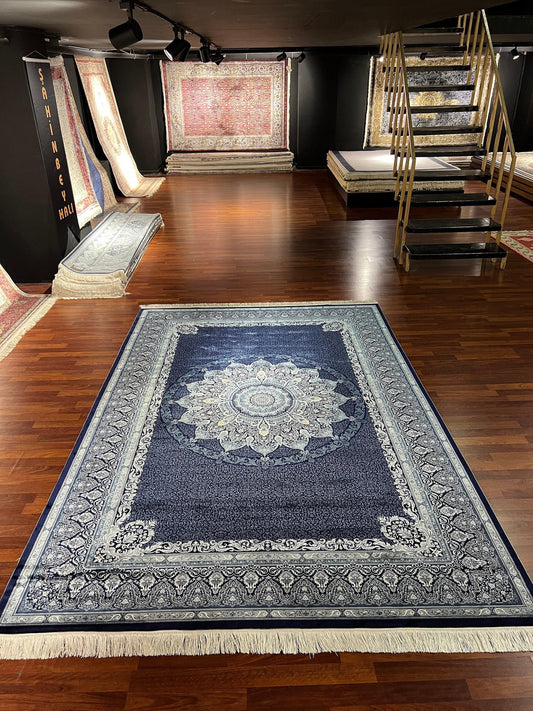 7x10 ft Navy Blue Silk Rug, Luxury Large Area Rug, Elegant Medallion Living Room Rug, Classic Decorative Carpet
