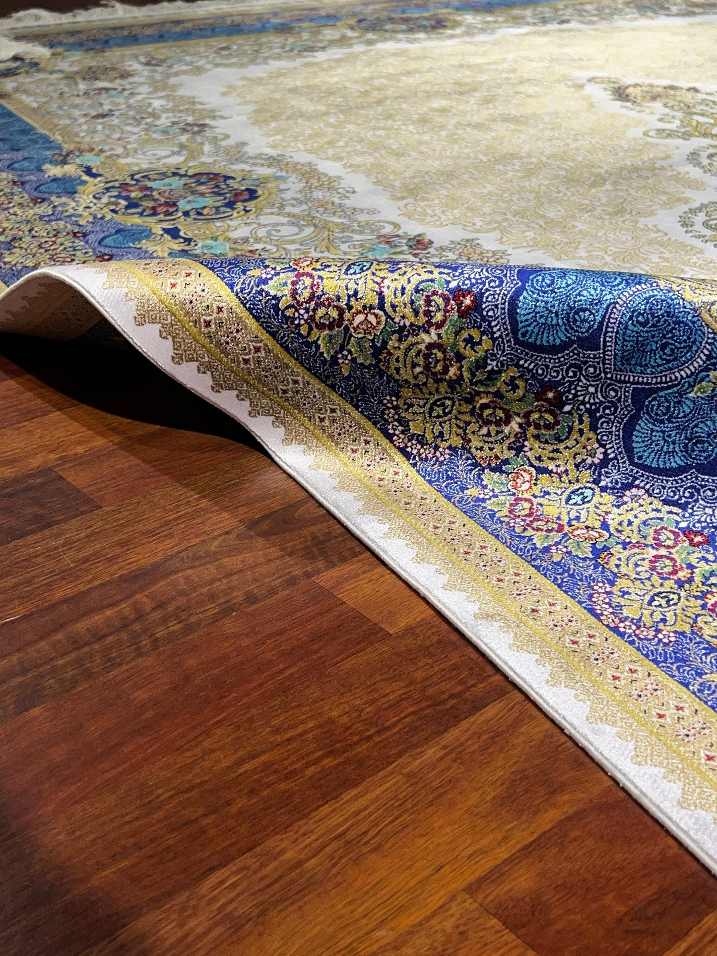 7x10 ft Blue Beige Silk Rug, Luxury Large Area Rug, Elegant Medallion Living Room Rug, Classic Decorative Carpet