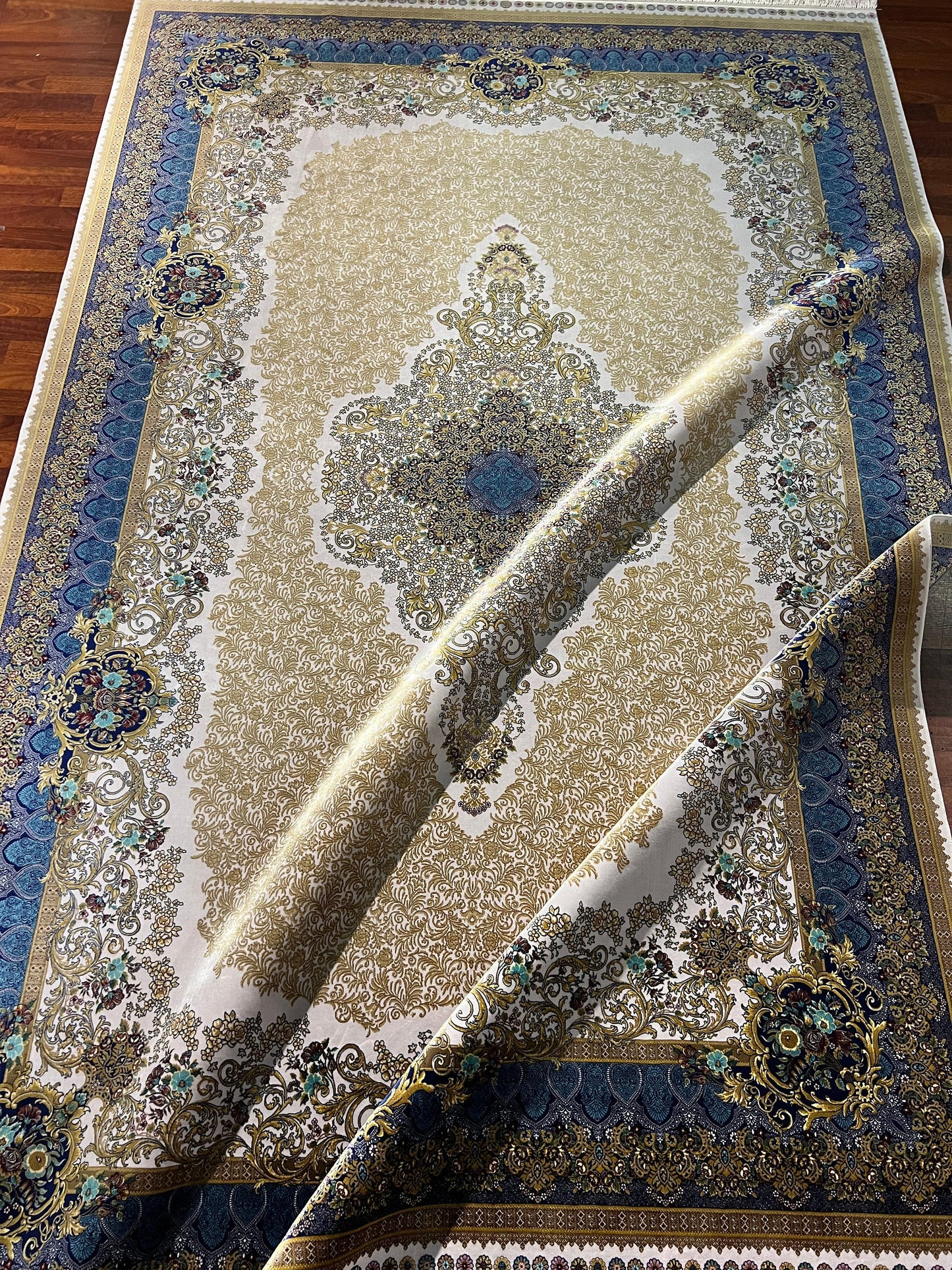 7x10 ft Blue Beige Silk Rug, Luxury Large Area Rug, Elegant Medallion Living Room Rug, Classic Decorative Carpet