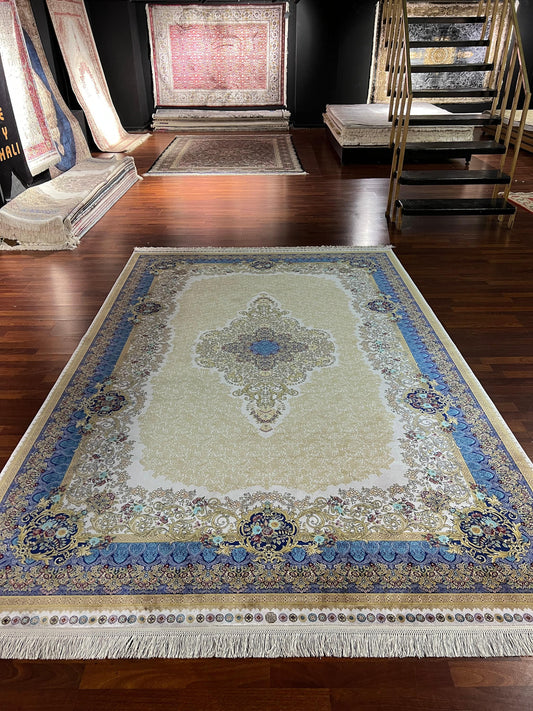 7x10 ft Blue Beige Silk Rug, Luxury Large Area Rug, Elegant Medallion Living Room Rug, Classic Decorative Carpet