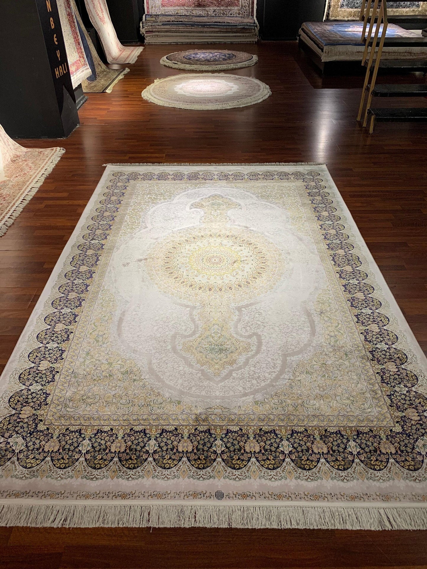 7x10 ft Beige Silk Rug, Luxury Large Area Rug, Elegant Medallion Living Room Rug, Classic Decorative Carpet