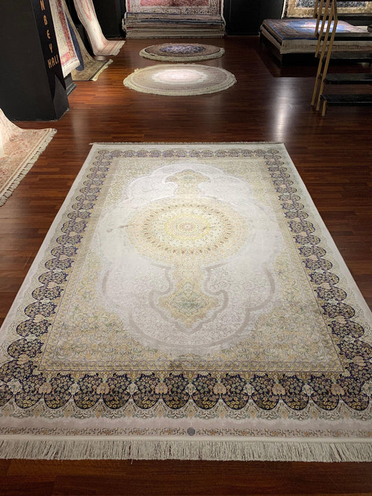 7x10 ft Beige Silk Rug, Luxury Large Area Rug, Elegant Medallion Living Room Rug, Classic Decorative Carpet