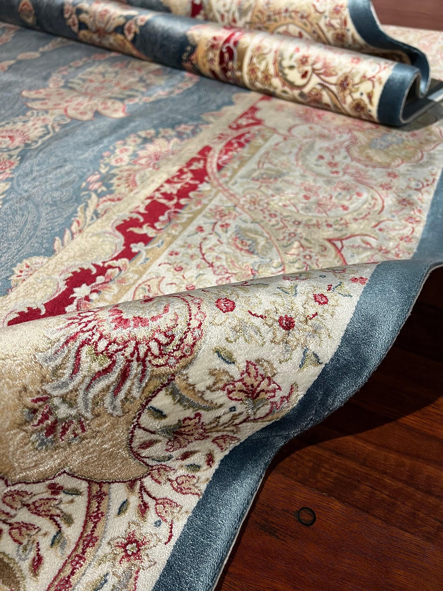 7x10 ft Blue Gold Silk Rug, Luxury Large Area Rug, Elegant Classic Pattern Rug, Living Room Decorative Carpet