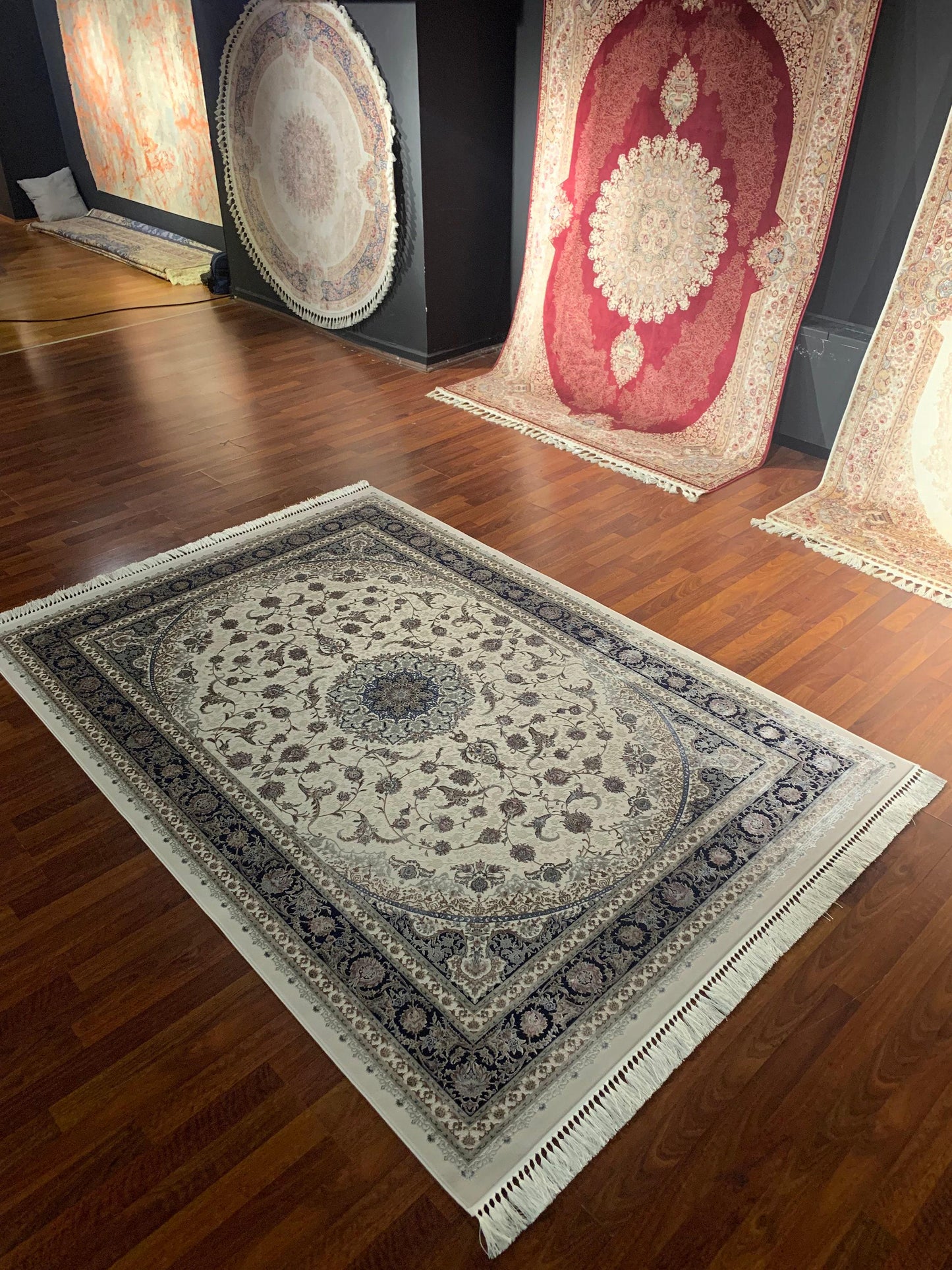7x10 ft Cream Navy Blue Silk Rug, Large Area Rug, Elegant Medallion Living Room Rug, Classic Decorative Carpet
