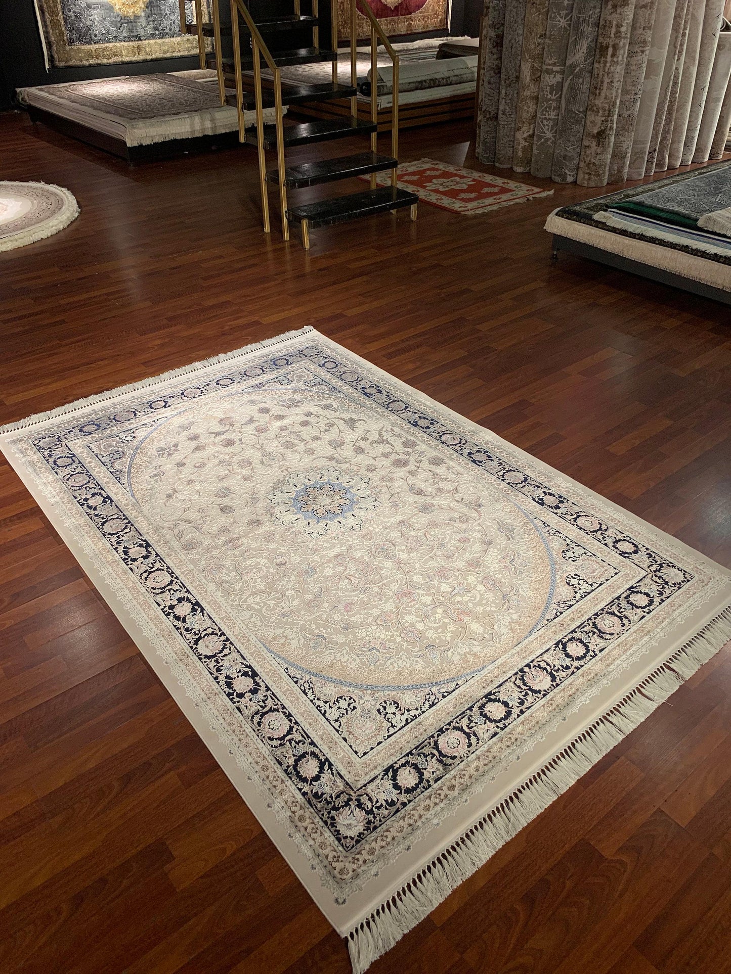 7x10 ft Cream Navy Blue Silk Rug, Large Area Rug, Elegant Medallion Living Room Rug, Classic Decorative Carpet