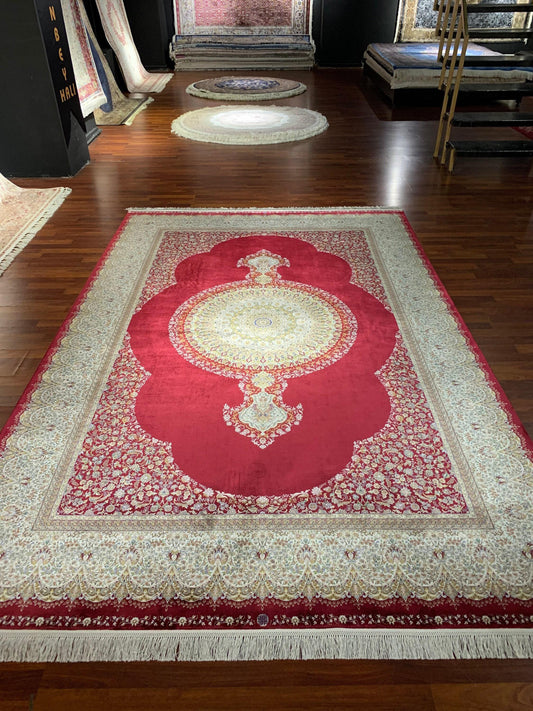 7x10 ft Red Silk Rug, Luxury Large Area Rug, Elegant Medallion Living Room Rug, Classic Decorative Carpet