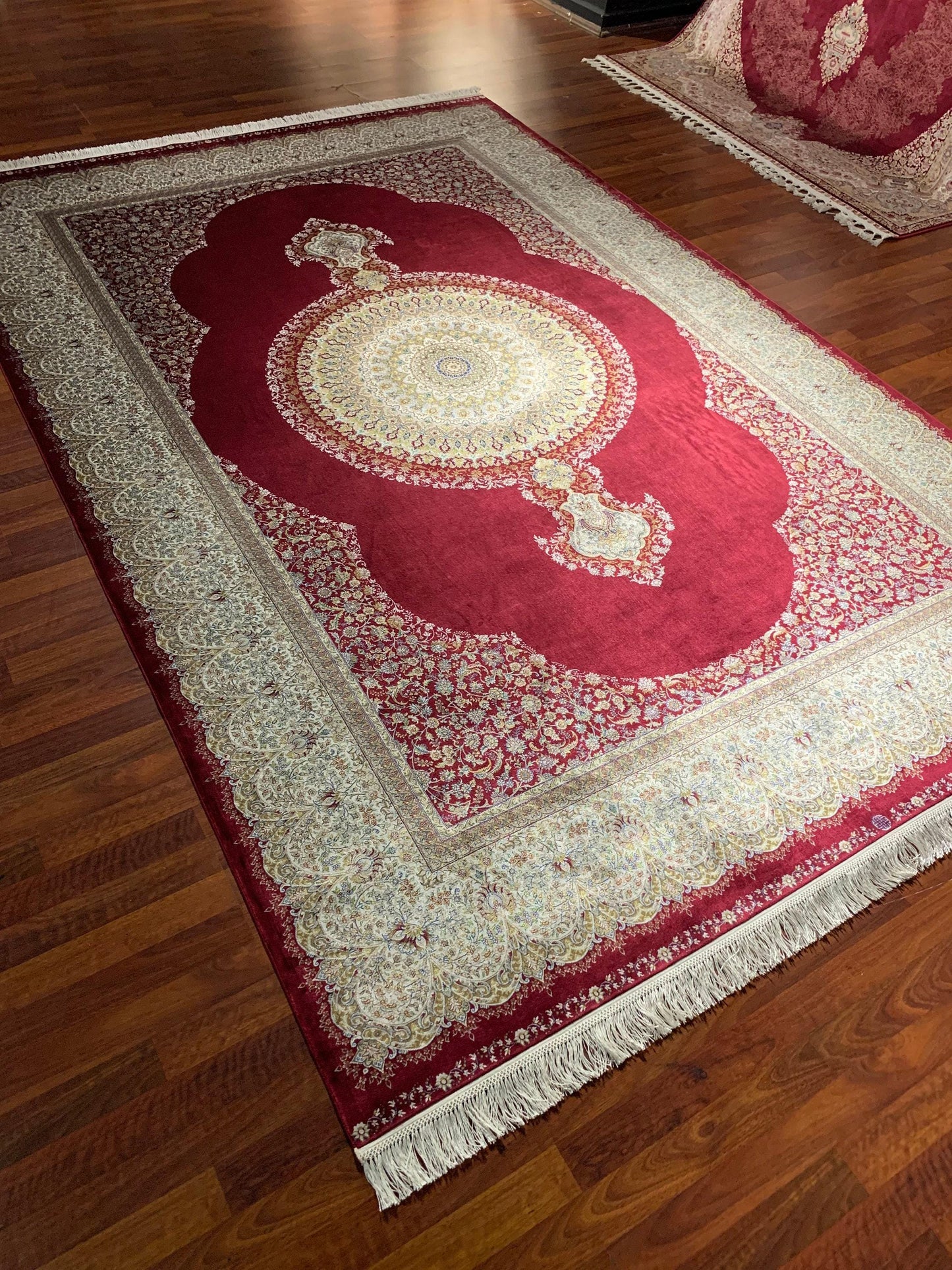 7x10 ft Red Silk Rug, Luxury Large Area Rug, Elegant Medallion Living Room Rug, Classic Decorative Carpet