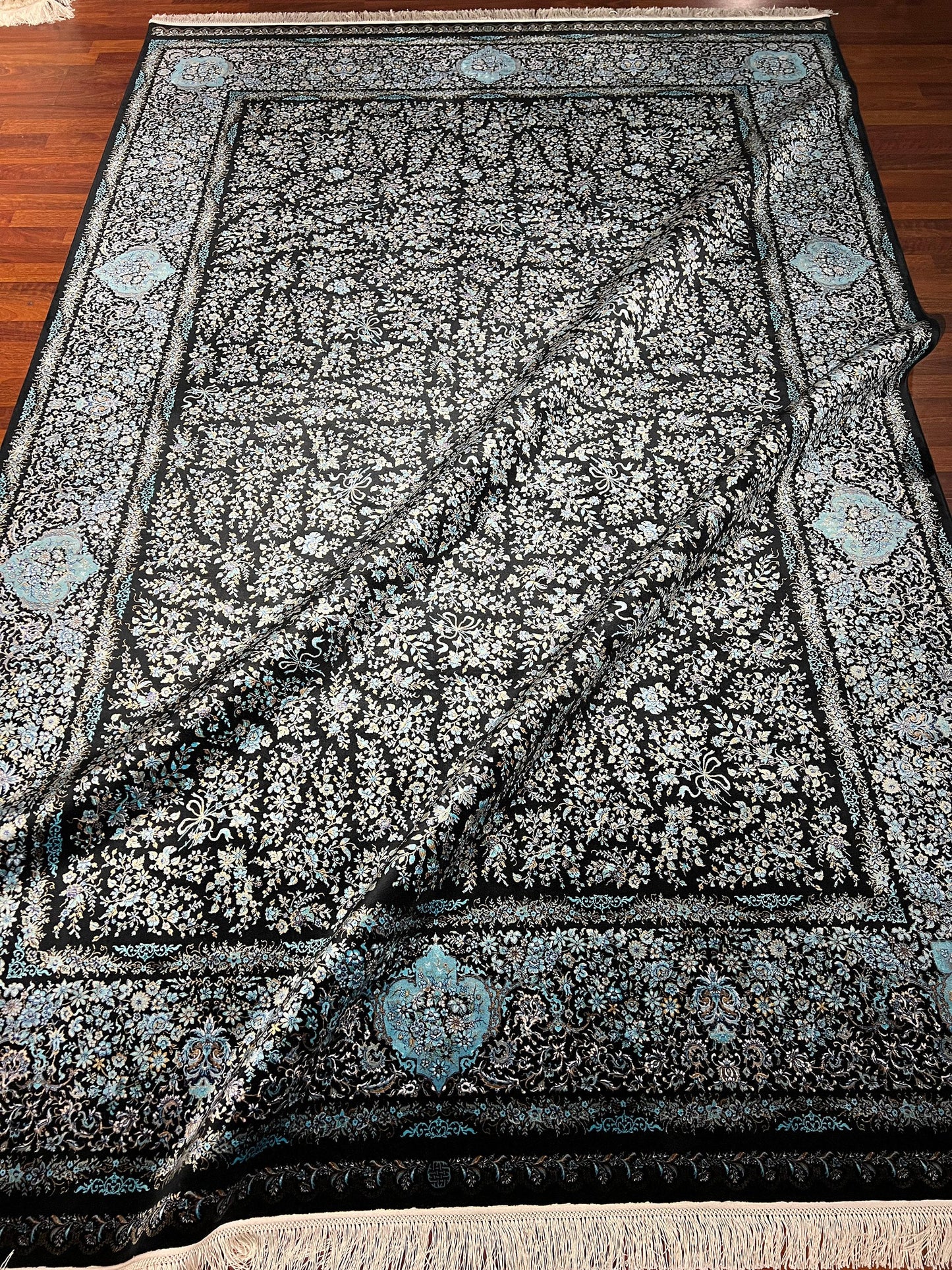 7x10 ft Black Silk Rug, Turquoise Accent Luxury Rug, Large Area Rug, Elegant Classic Living Room Carpet