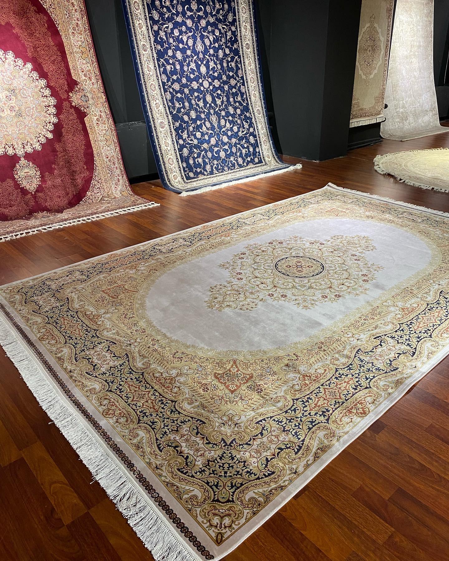 7x10 ft Gold Beige Silk Rug, Luxury Large Area Rug, Elegant Medallion Living Room Rug, Classic Decorative Carpet