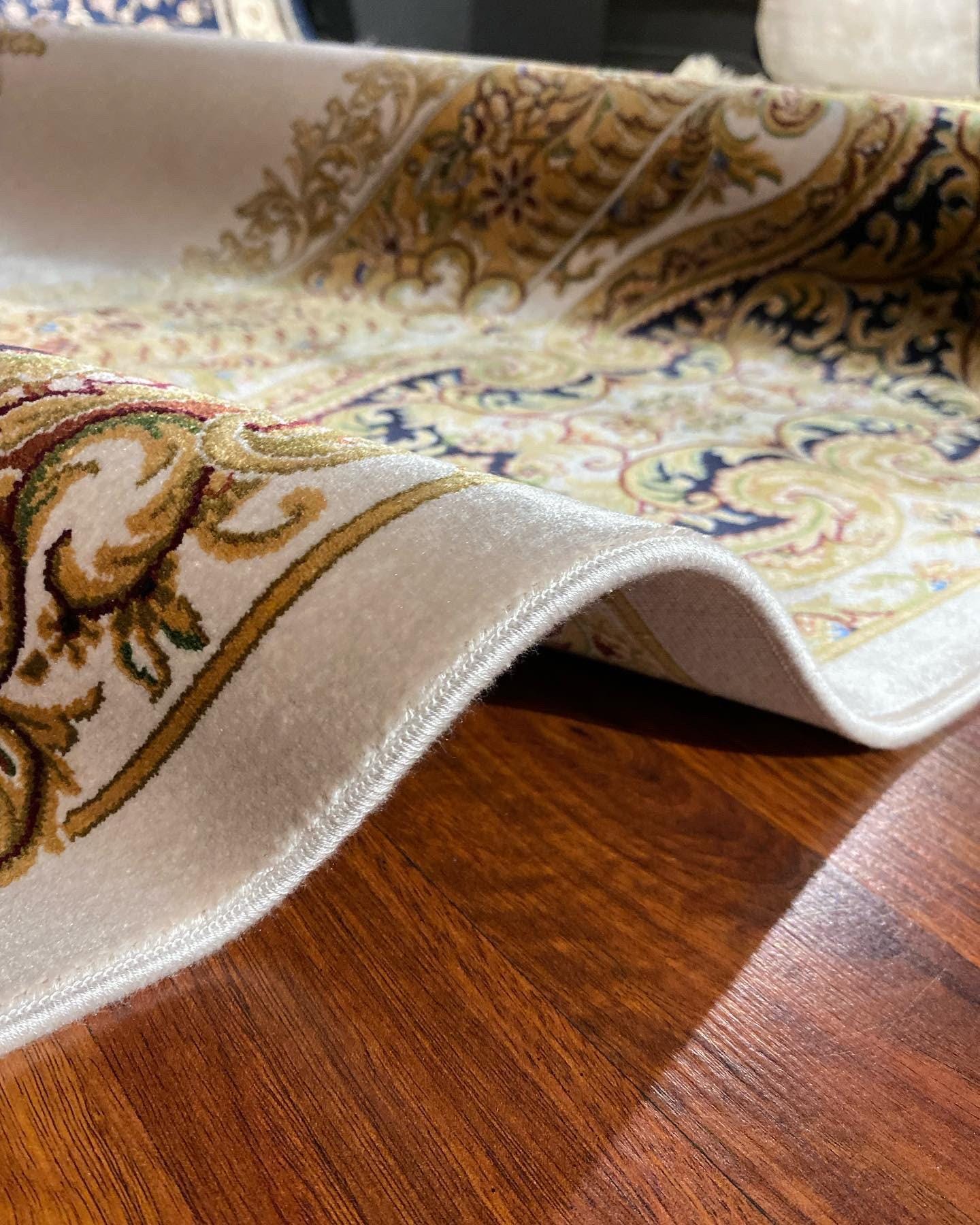 7x10 ft Gold Beige Silk Rug, Luxury Large Area Rug, Elegant Medallion Living Room Rug, Classic Decorative Carpet