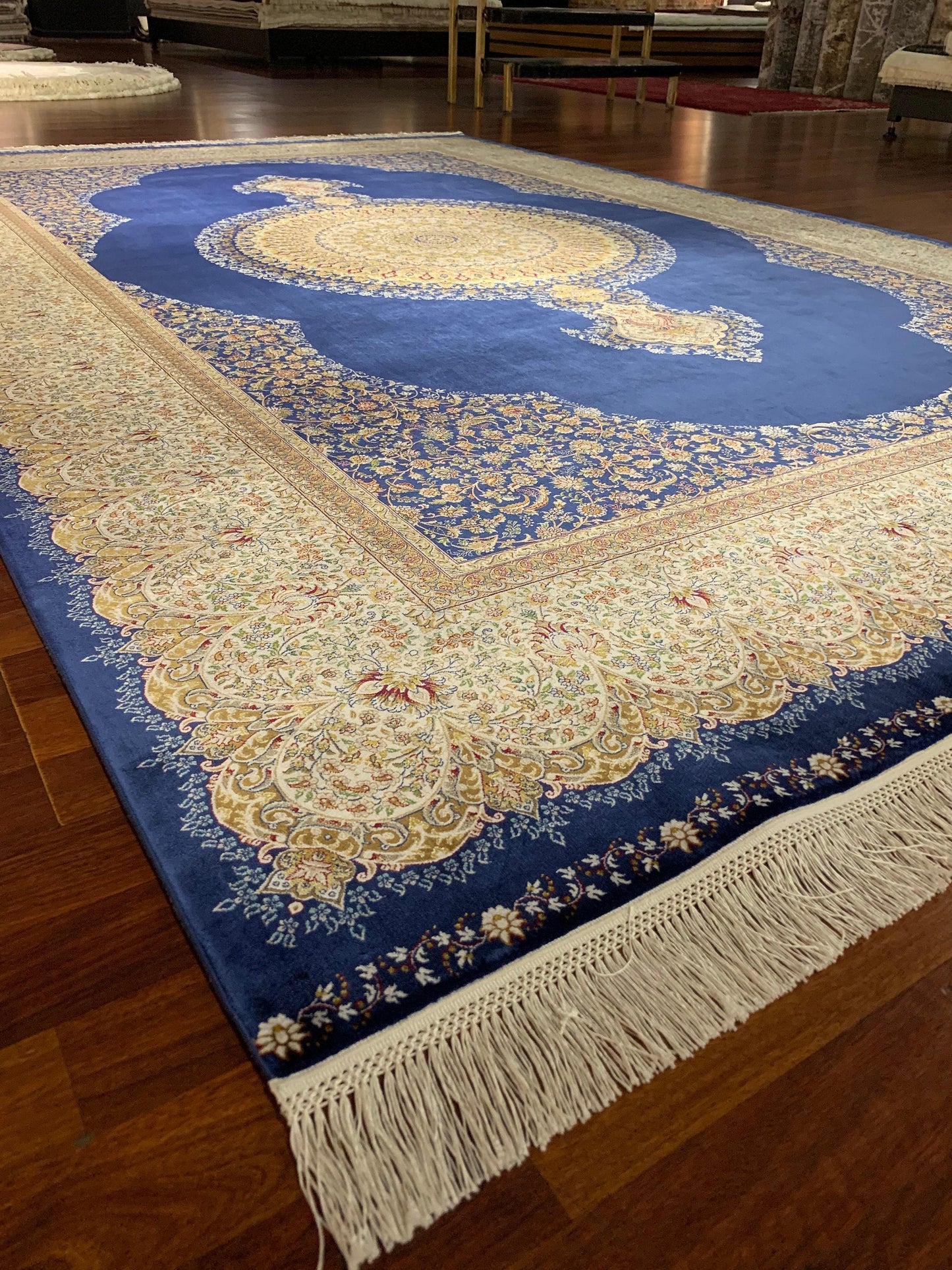 7x10 ft Blue Beige Silk Rug, Luxury Medallion Area Rug, Elegant Living Room Carpet, Classic Ornamental Design Rug