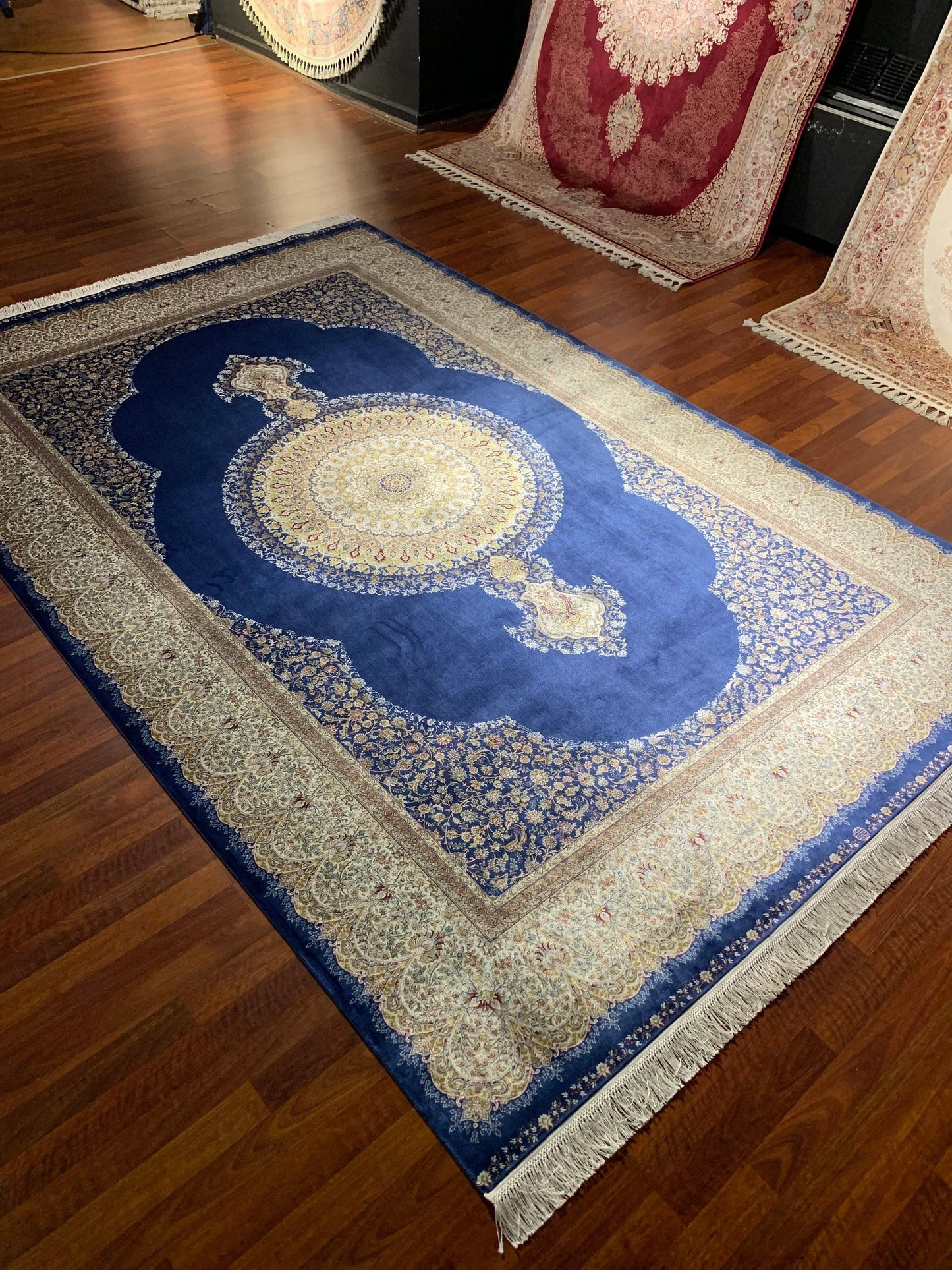 7x10 ft Blue Beige Silk Rug, Luxury Medallion Area Rug, Elegant Living Room Carpet, Classic Ornamental Design Rug