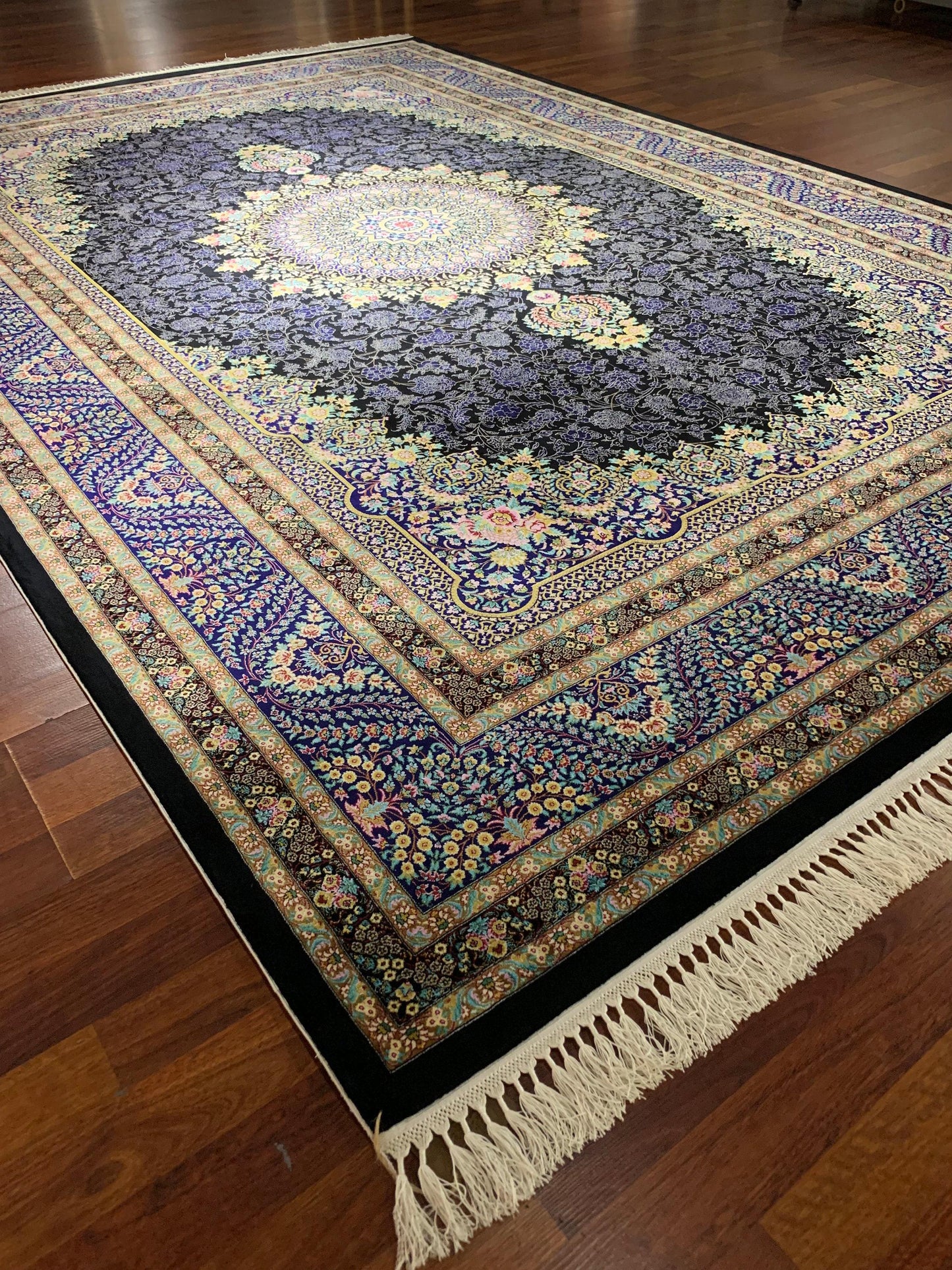 7x10 ft Black Blue Silk Rug, Luxury Floral Medallion Area Rug, Elegant Classic Living Room Carpet