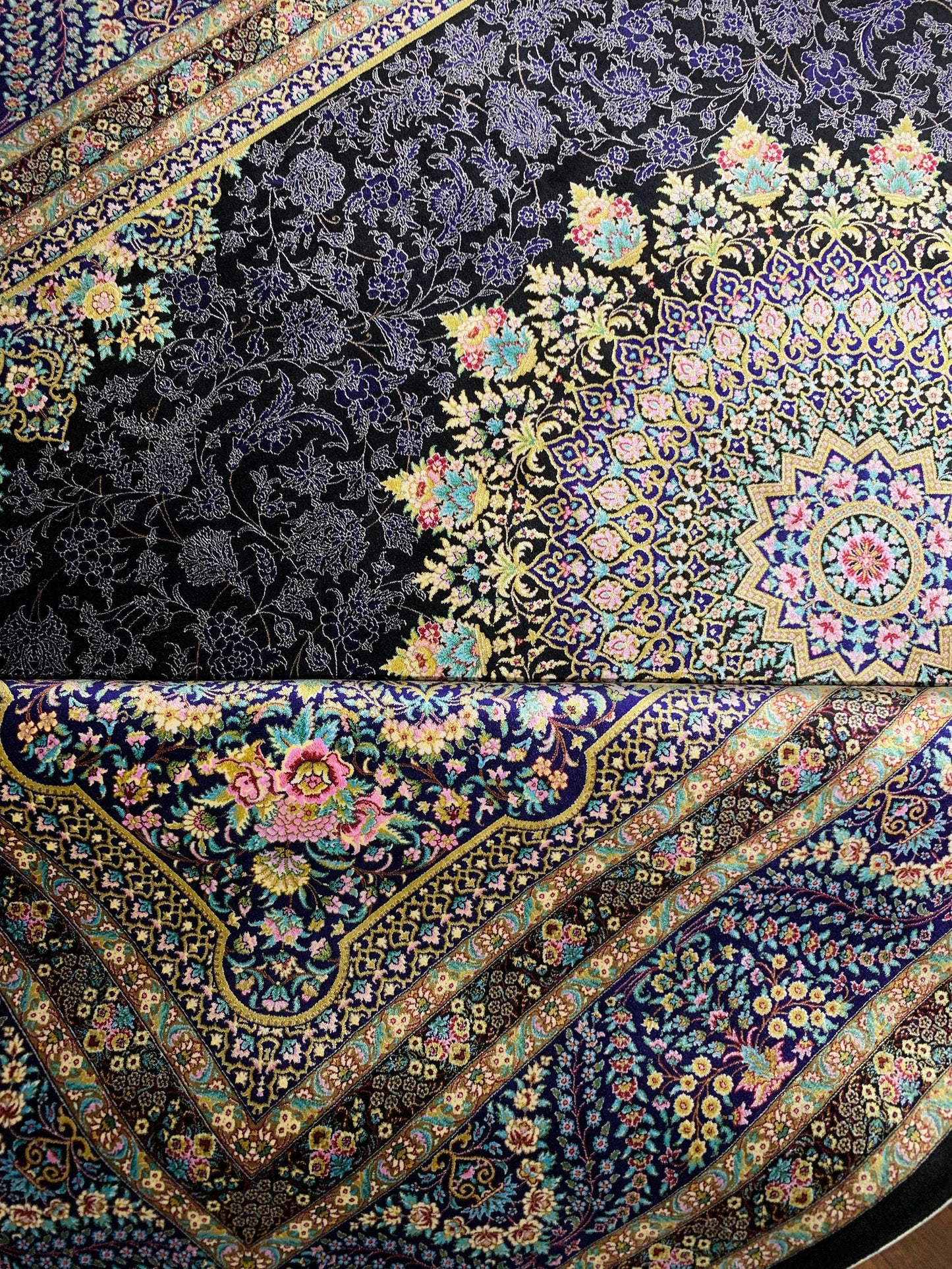 7x10 ft Black Blue Silk Rug, Luxury Floral Medallion Area Rug, Elegant Classic Living Room Carpet