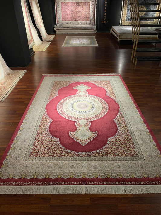 7x10 ft Red Beige Silk Rug, Luxury Medallion Area Rug, Elegant Classic Living Room Carpet