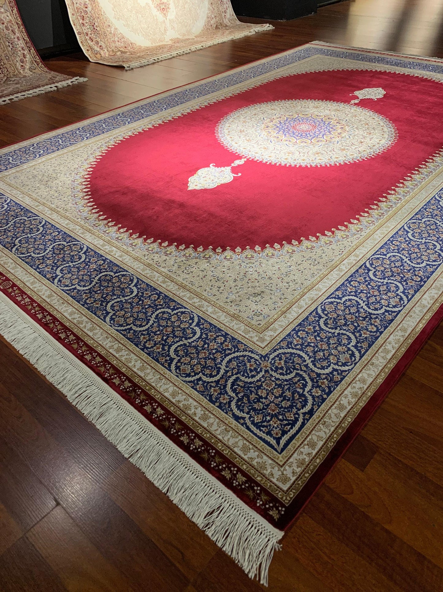 7x10 ft Red Beige Silk Rug, Luxury Medallion Area Rug, Classic Ornate Living Room Carpet