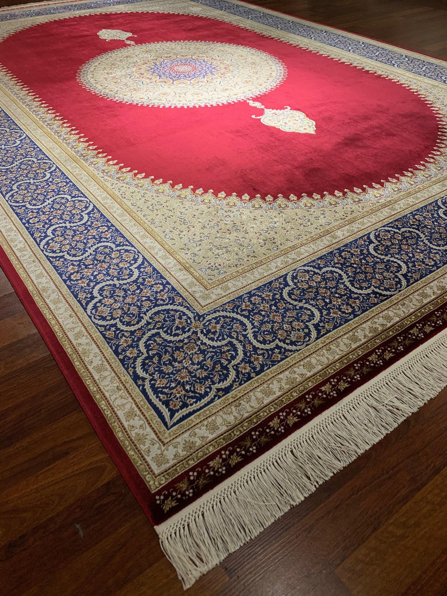 7x10 ft Red Beige Silk Rug, Luxury Medallion Area Rug, Classic Ornate Living Room Carpet
