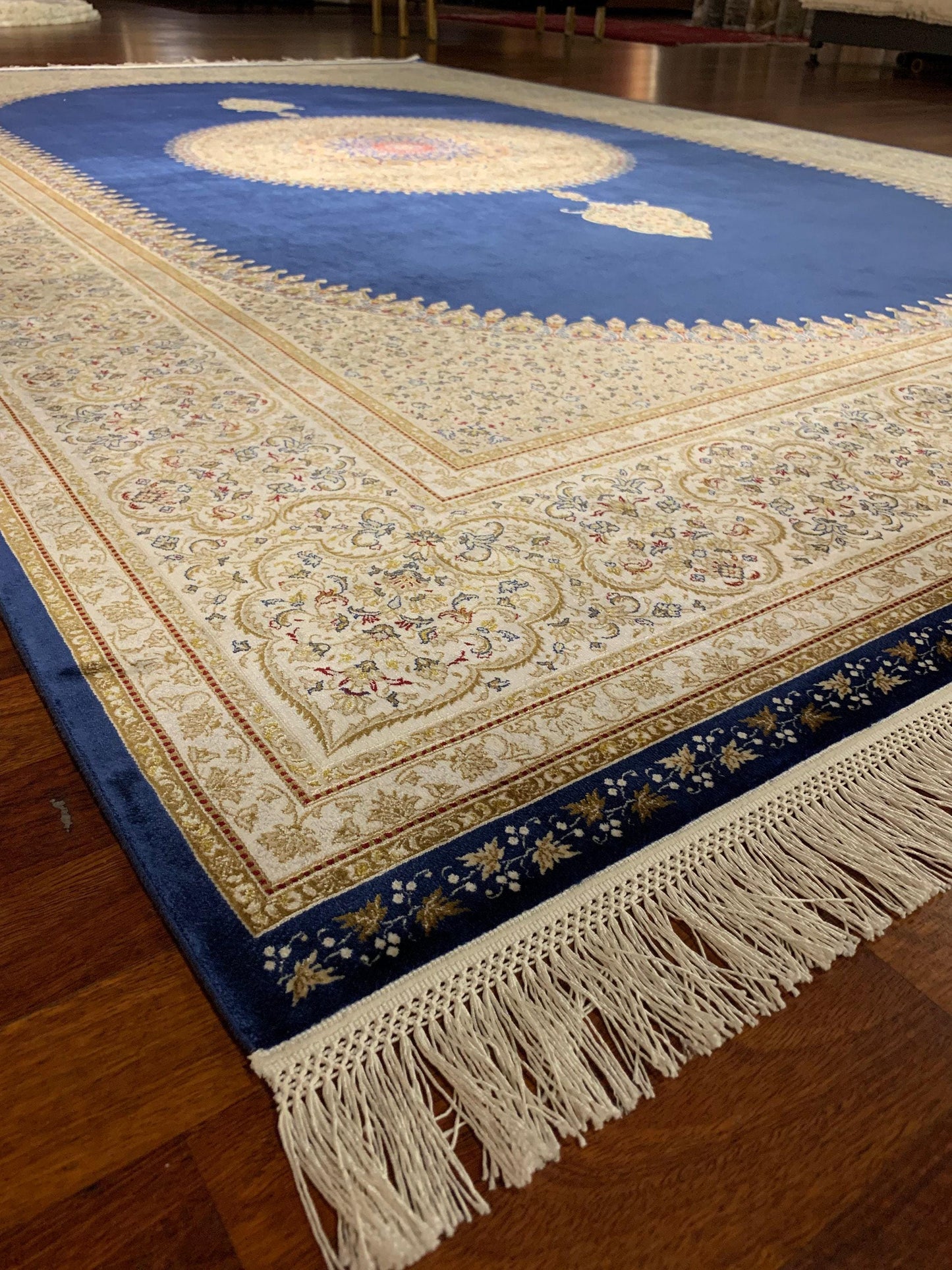 7x10 ft Red Blue Silk Rug, Luxury Medallion Oriental Rug, Classic Palace Style Living Room Carpet