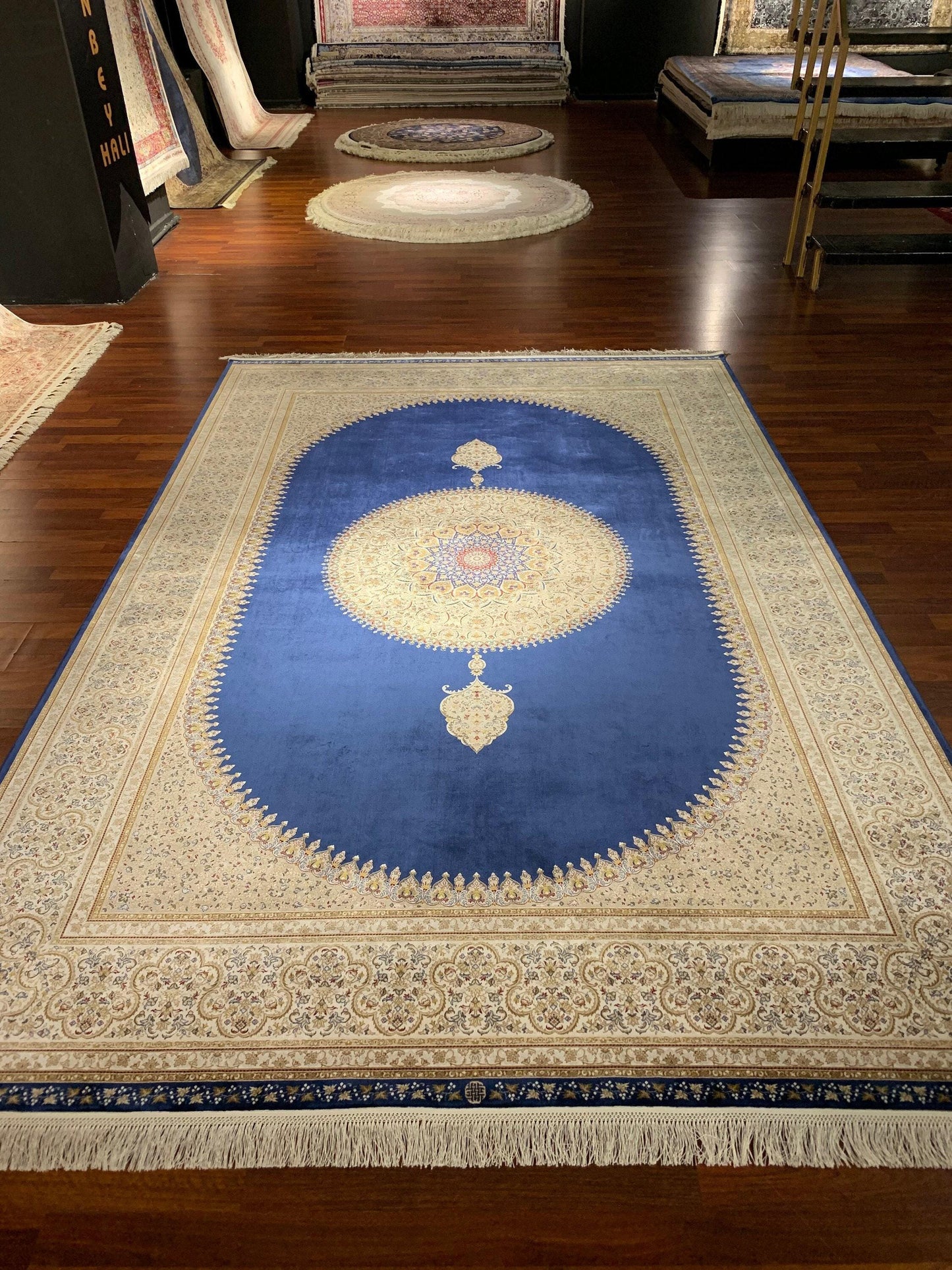 7x10 ft Red Blue Silk Rug, Luxury Medallion Oriental Rug, Classic Palace Style Living Room Carpet