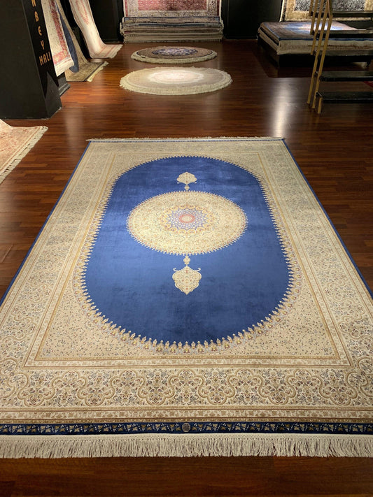 7x10 ft Red Blue Silk Rug, Luxury Medallion Oriental Rug, Classic Palace Style Living Room Carpet