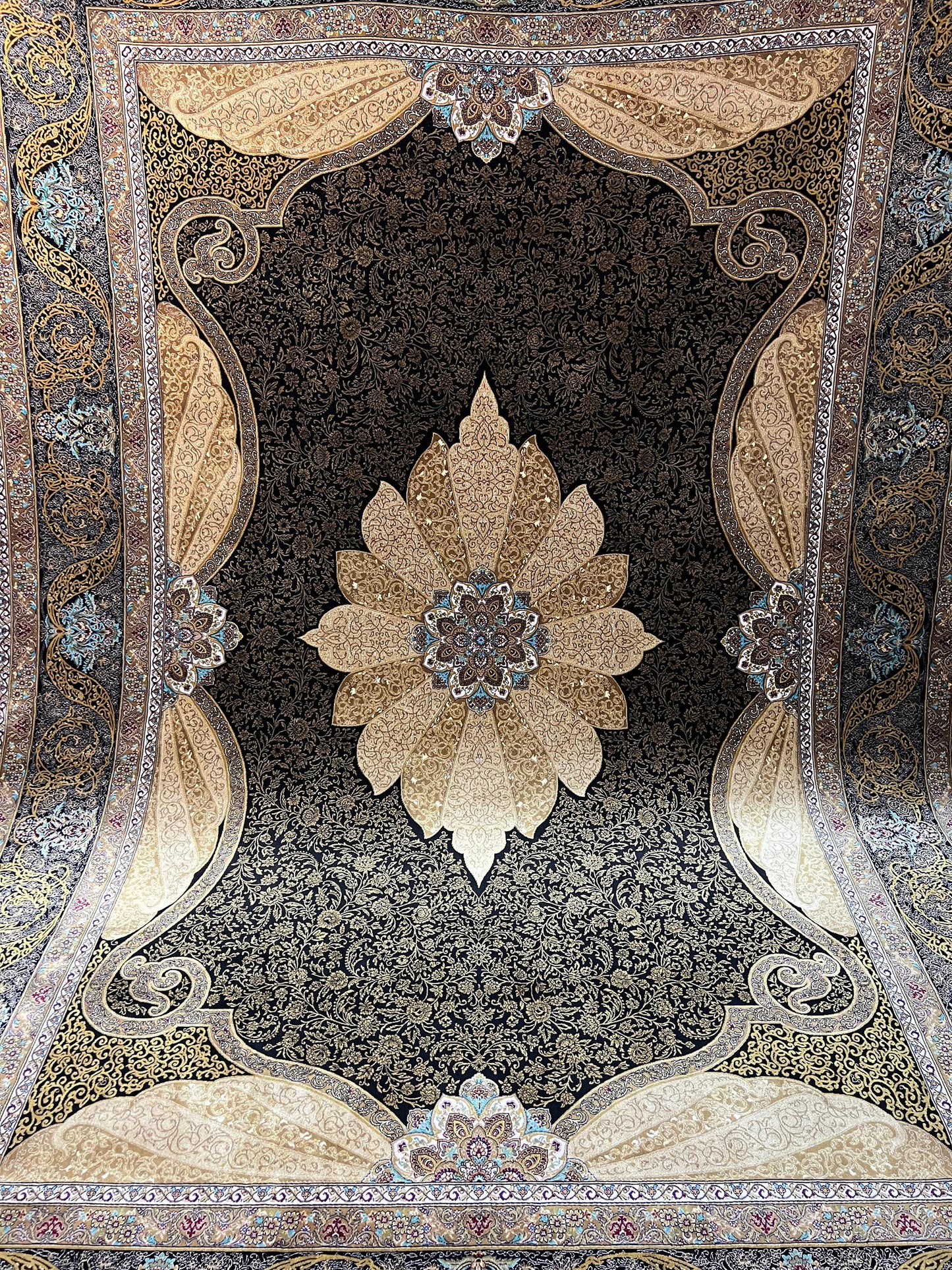 7x10 ft Black Gold Silk Rug, Luxury Medallion Area Rug, Elegant Palace Style Living Room Carpet