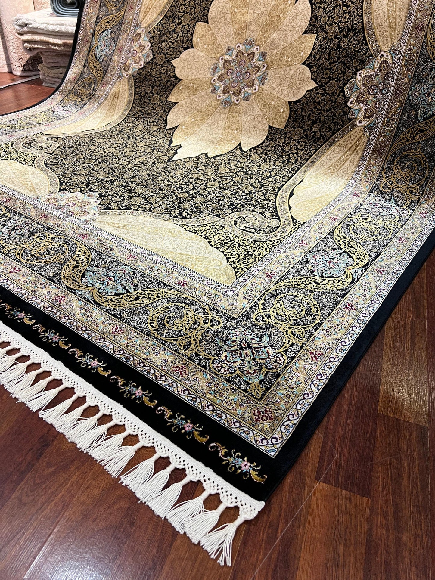 7x10 ft Black Gold Silk Rug, Luxury Medallion Area Rug, Elegant Palace Style Living Room Carpet