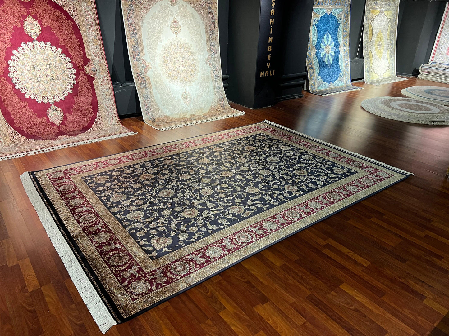 8x11 ft Red Blue Floral Silk Rug Luxury Large Area Rug Elegant Classic Living Room Rug Decorative Statement Carpet