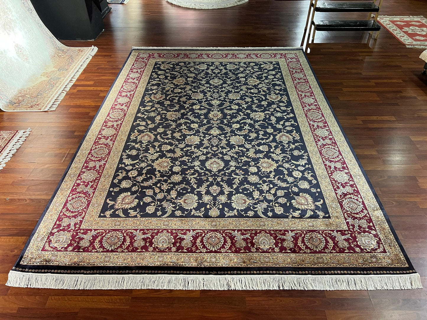 8x11 ft Red Blue Floral Silk Rug Luxury Large Area Rug Elegant Classic Living Room Rug Decorative Statement Carpet