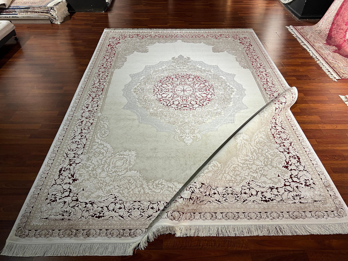8x11 ft Beige Bamboo Rug Luxury Large Area Rug Elegant Medallion Living Room Rug Classic Soft Decorative Carpet