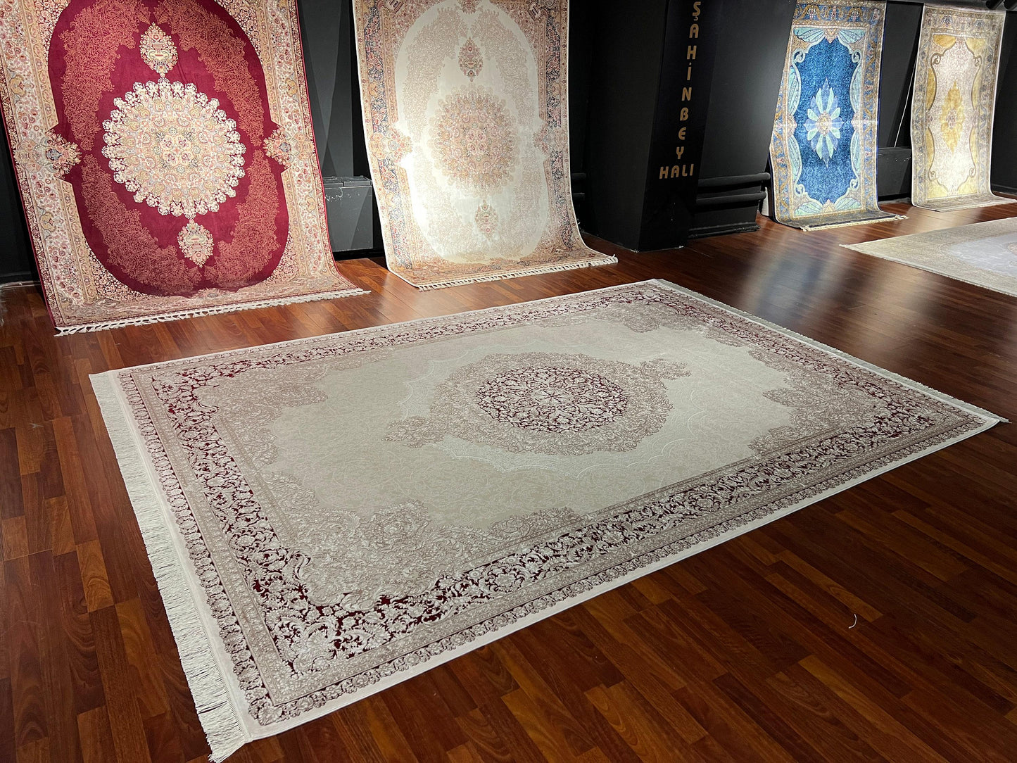 8x11 ft Beige Bamboo Rug Luxury Large Area Rug Elegant Medallion Living Room Rug Classic Soft Decorative Carpet