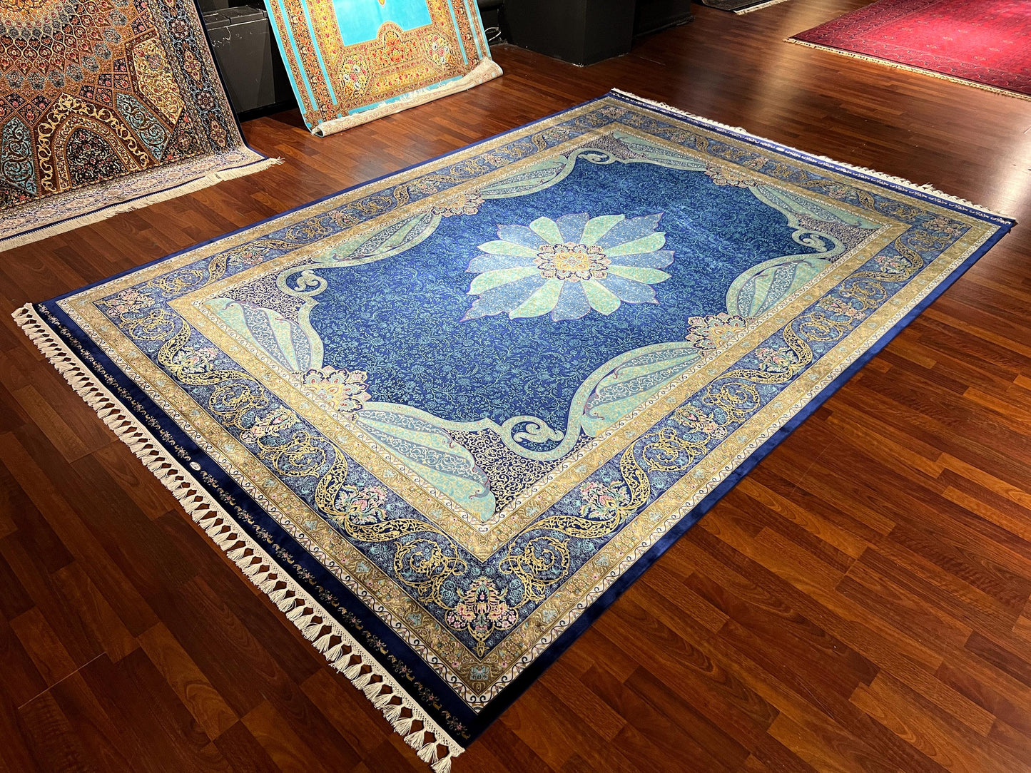 8x11 ft Blue Medallion Silk Rug, Luxury Large Area Rug, Elegant Floral Living Room Rug, Classic Decorative Statement Carpet