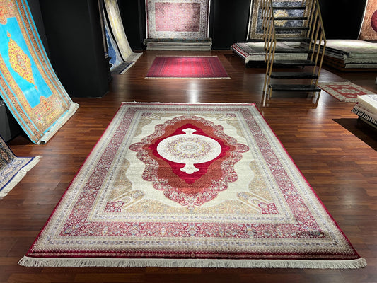 8x11 ft Red Beige Silk Rug Luxury Floral Medallion Area Rug Elegant Classic Living Room Rug Decorative Statement Carpet
