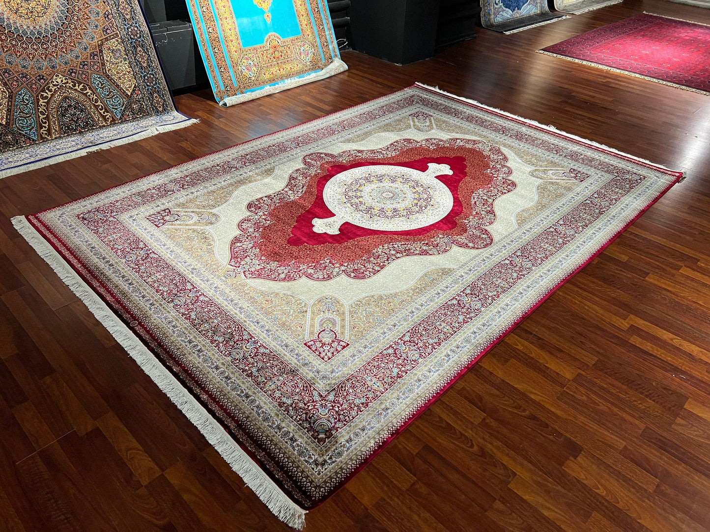 8x11 ft Red Beige Silk Rug Luxury Floral Medallion Area Rug Elegant Classic Living Room Rug Decorative Statement Carpet