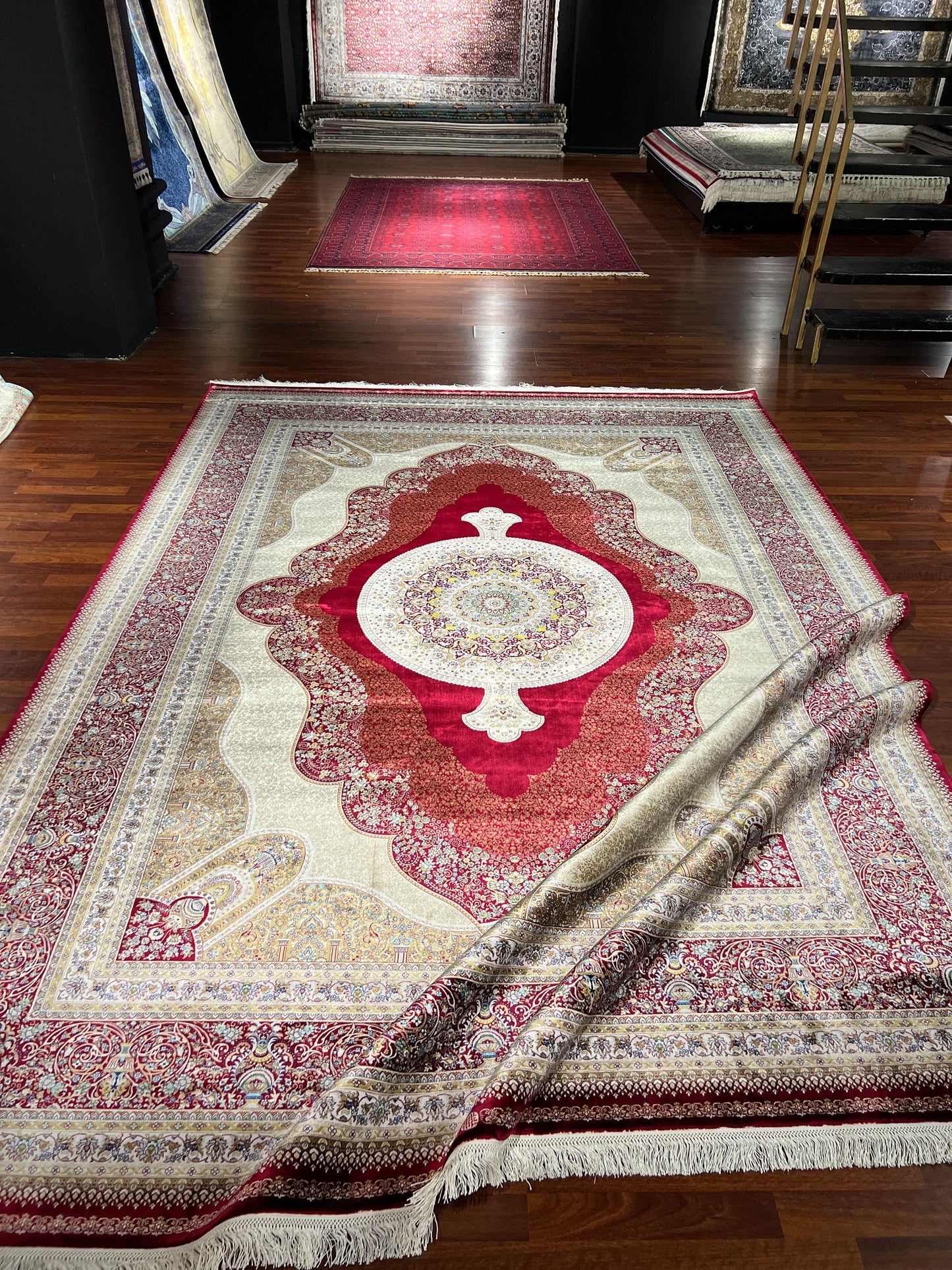 8x11 ft Red Beige Silk Rug Luxury Floral Medallion Area Rug Elegant Classic Living Room Rug Decorative Statement Carpet