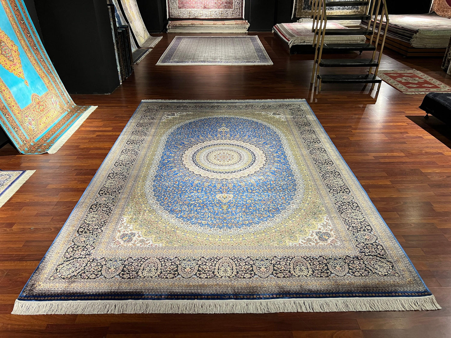 8x11 ft Blue Silk Rug, Luxury Large Area Rug, Elegant Medallion Living Room Rug, Classic Decorative Palace Style Carpet